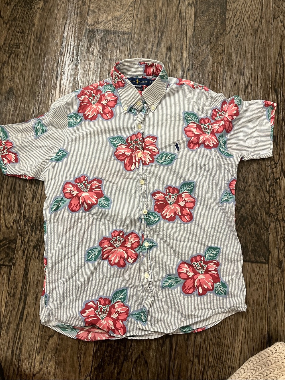 Ralph Lauren Blue-White Stripe Button-Down with Red Floral Print